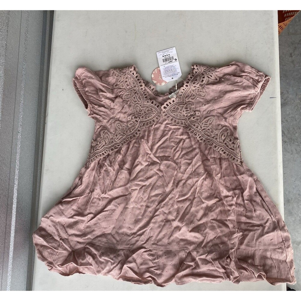 ODDI Kids Girls Large Strawberry Pink Swiss Dot Lace Trim Boho Tunic Top NWT